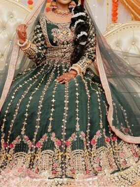 Embroidered Dark Green Long Sleeve Bridal Dress with Pink & Gold Accents
